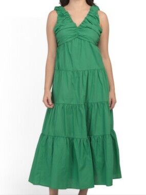 NWT - Nicole Miller Cotton V Neck Ruched Smocked Bodice Tiered Maxi Dress-Size L
